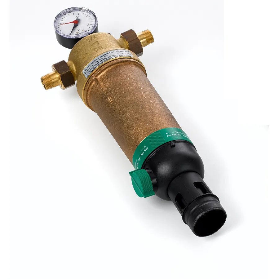 Bronze filter with two threaded connections on the sides, an analogue pressure dial on top, and black plastic waste connection on bottom
