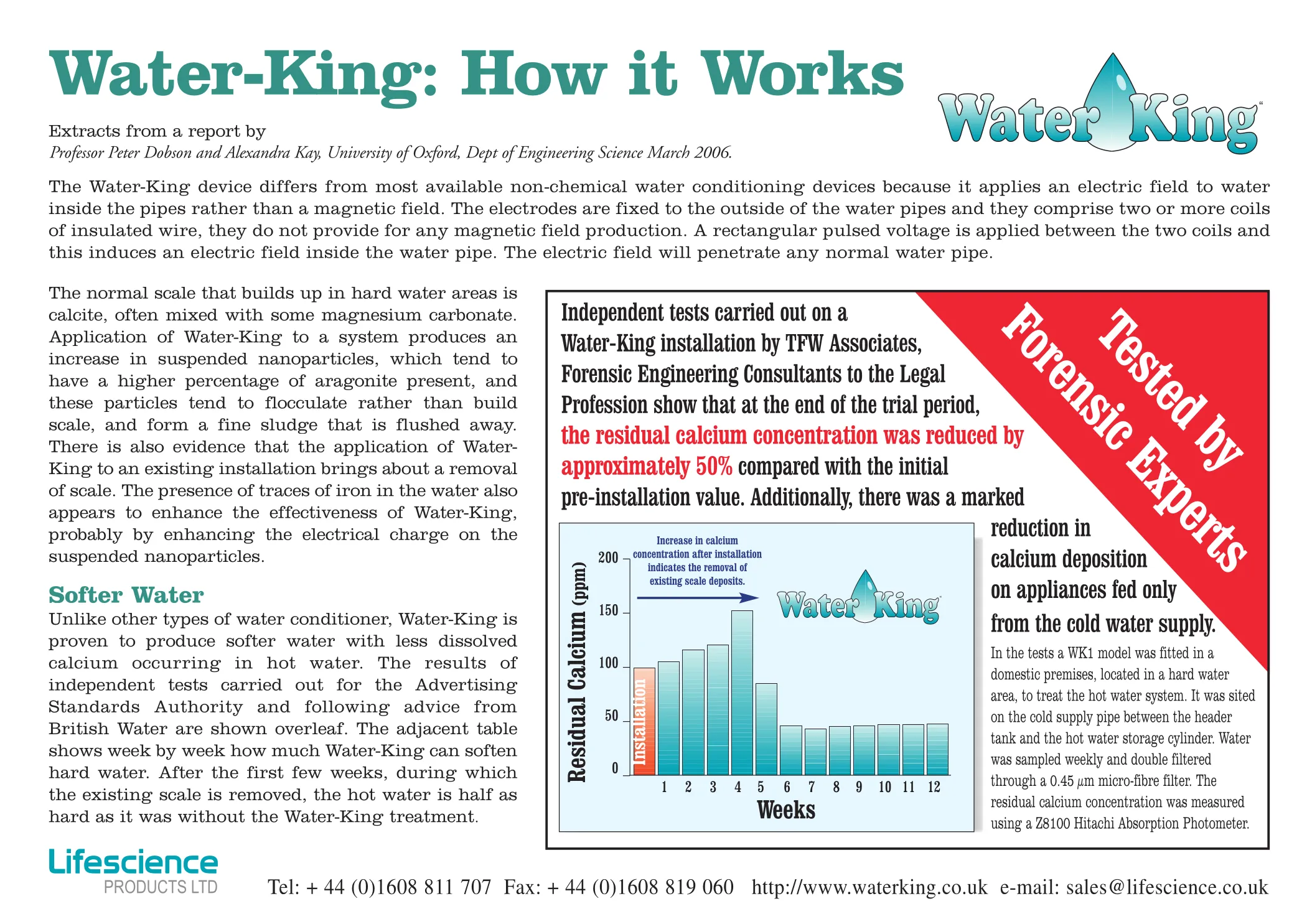Independent laboratory test results for the Water-King electronic conditioner.